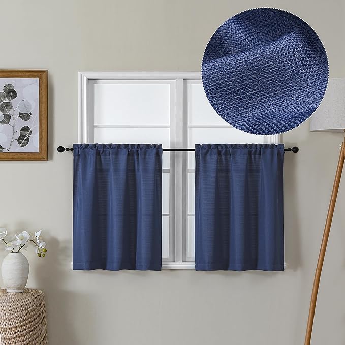 Lecloud Bessie Blue Kitchen Curtains 24 Inch Length 2 Panels, Light Filtering Faux Linen Cafe Short Curtains, Tiers Curtain with Dual Rod Pocket for Laundry Room Bathroom, Each 30 W x 24 L