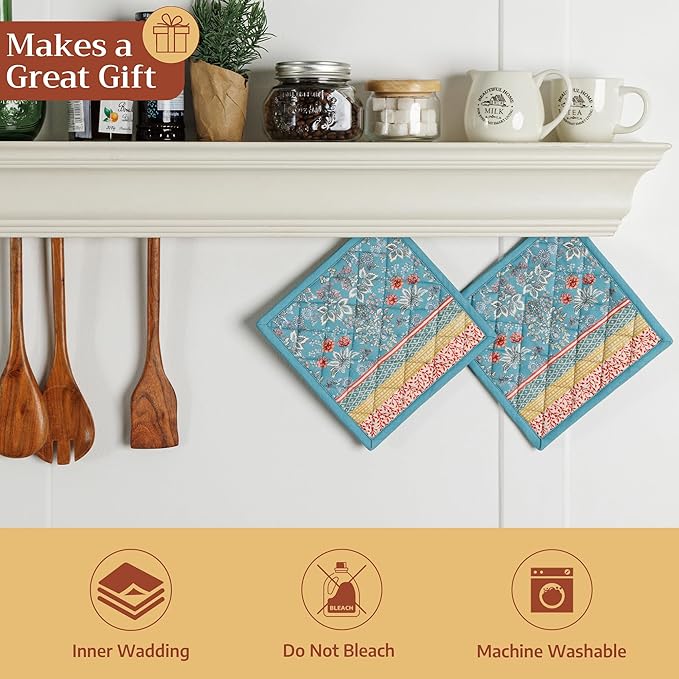 Maison d' Hermine Pot Holders Set 100% Cotton Heat Resistant Potholders 8" x 8" Hot Pads with Loop BBQ, Cooking, Baking, Grilling, Kitchen, Handling Hot Pans Spring/Summer (Pack of 2, Marquise)