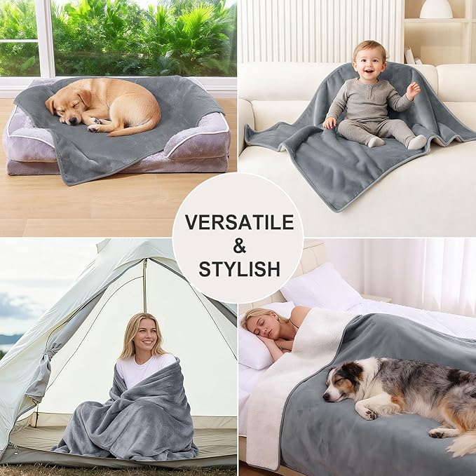 Smiry Waterproof Dog Bed Blanket, Leakproof Pet Throw Blanket for Bed Couch Sofa, Reversible Sherpa Fleece Furniture Protector Cover for Small Medium Large Dogs Cats (Grey, 50x60 inches)