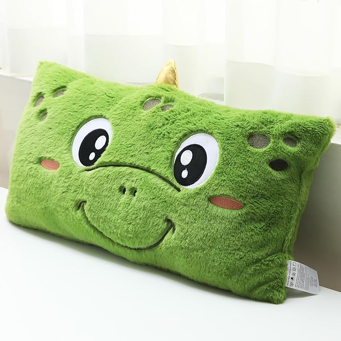 Snugtown Stuffed Animal Lumbar Pillow, Super Soft Plush Cuddle Throw Pillow for Kids, Cute Dinosaur Shaped Pillow, 12 x 24 Inches, Green
