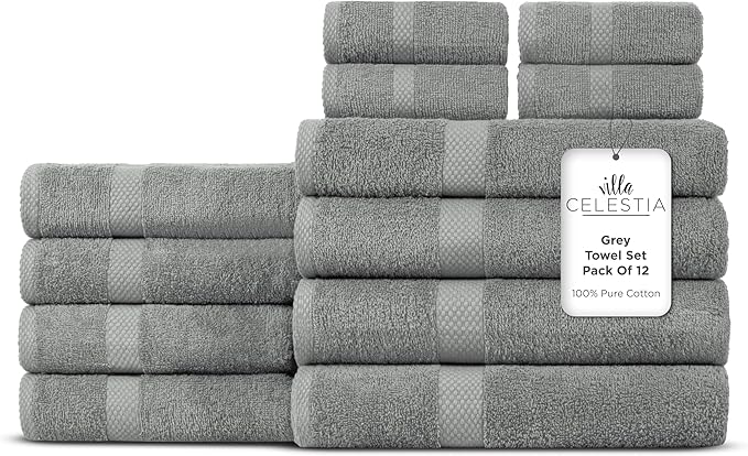 Villa Celestia 100% Cotton Bath Towel Set of 12-4 Bath Towels, 4 Hand Towels, 4 Wash Cloths, Sustainable, Soft, Highly Absorbent, Combed Cotton 12 Piece Set for Hotels, Spa, Bathroom, Dorm, Grey