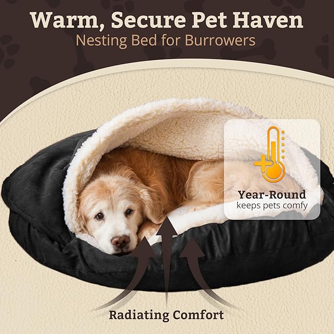 Snoozer Cozy Cave Dog Bed - Indoor Dog Bed with Cover Cave, Covered Calming Burrow for Small & Medium Sized Pets with Blanket Attached, Enclosed, Removable Washable Cover - Large, Black