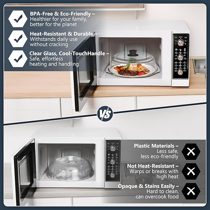 Glass Microwave Splatter Cover for Food Plates & Cookware with Oven Mitts, Borosilicate Glass Splatter Lid Guard with Vent Hole & Easy Grip Silicone Handle, 100% BPA Free & Dishwasher Safe