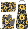 Sunflower Bees Oven Mitts and Pot Holders with Apron Set of 5 Silicone Sunflowers Kitchen Mitten Gloves and Non-Slip Potholders Cooking Apron Set Heat Resistant Oven Gloves Hot Pads for BBQ