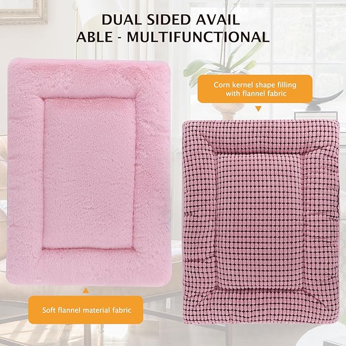 Vetasac Reversible Dog Bed Mat with Plush and Corn Velvet,Soft Warm Pet Cushion, Dual Purpose Washable Sleeping Mattress Bed for Small Medium Large Dog and Cat XB004 (30"x20", Pink)