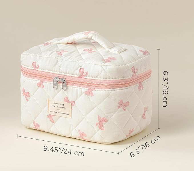 HBselect Christmas Gifts Large Quilted Makeup Bag, Cute Cotton Travel Makeup Bag with Handle, Portable Coquette Floral Make up Bags, Toiletry Organizer Make up Bags for Women Teen Girls Mom