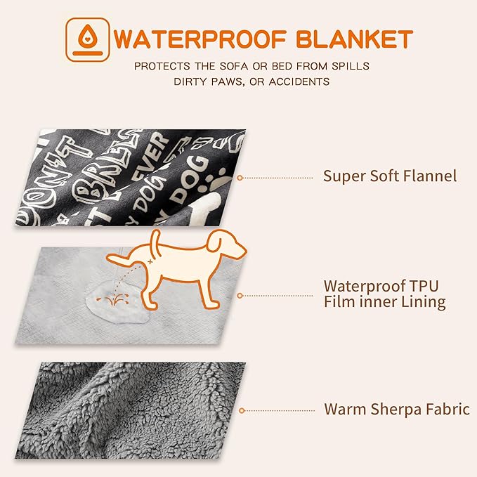 CAPT.SNOOZE Waterproof Dog Blankets Pet Blanket 60"x80", Soft Fluffy Sofa Car Bed Protector, Reversible Sherpa Fleece Dog Blanket for Large Dogs (Letters)