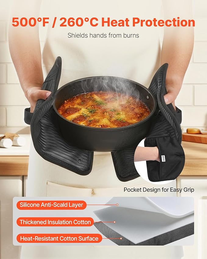 VEVOR Pot Holders, Heat Resistant to 500°F with Ribbed Soft Anti-Slip Silicone Strips, 100% Cotton 9.06 x 8.98 inch Hot Pads with 2 No-Marks Hooks, Washable Pot Trivets for Kitchen & Barbeque, 2 Pack