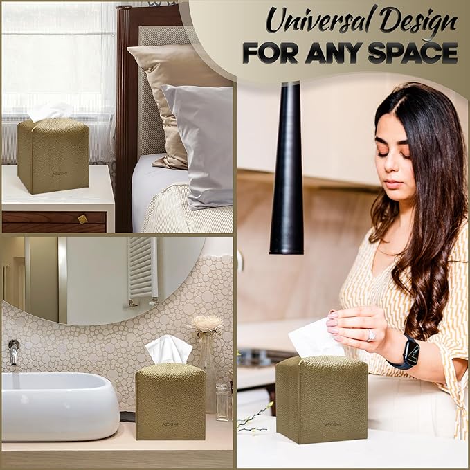 Tissue Box Cover Holder, PU Leather Tissue Box Cover Square with Bottom Belt, Cube Tissue Holder for Bathroom, Modern Organizer for Car, Office, Tabletop (Gold)