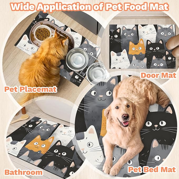 Eizlang Dog Cat Food Mat,12"x20" Inches Rapid Absorbent Pet Feeding Mat,Pets Placemat Water Bowl Mats with Rubber Backing,No Stains Cat Dog Feeding Mats Indoor,Pet Accessories Supplies,Cartoon Cats