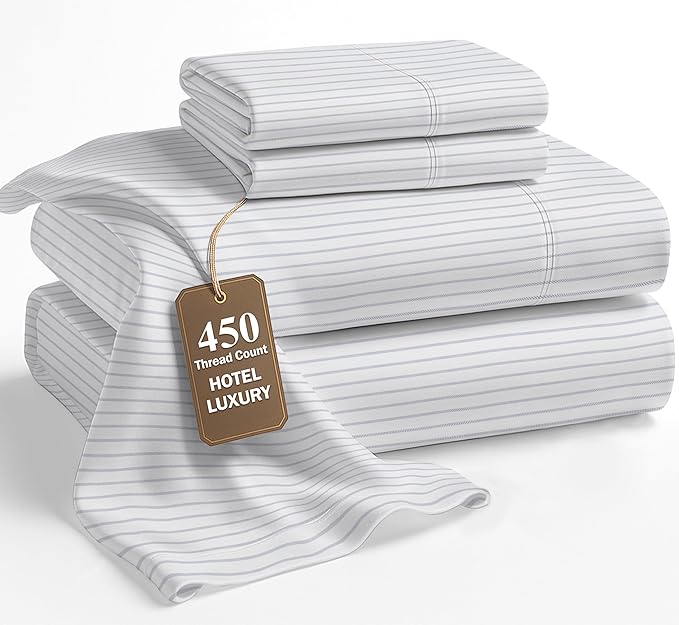 LANE LINEN Full Sheets – 450 Thread Count 100% Cotton Cooling Bedsheets, Soft & Breathable Sateen Weave, 15” Deep Pocket Fits Mattress, Luxury Hotel Bedding for Home & Guest Room, Ticking Stripe