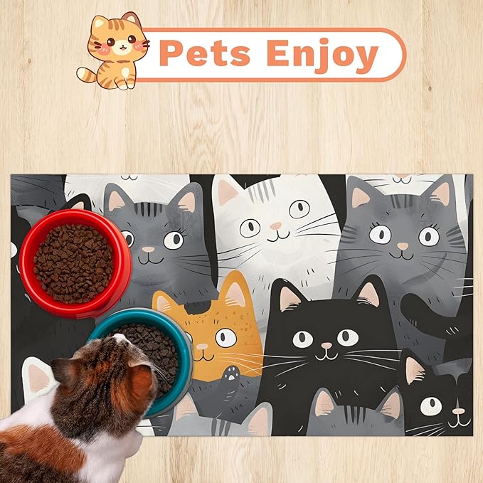 Eizlang Dog Cat Food Mat,12"x20" Inches Rapid Absorbent Pet Feeding Mat,Pets Placemat Water Bowl Mats with Rubber Backing,No Stains Cat Dog Feeding Mats Indoor,Pet Accessories Supplies,Cartoon Cats