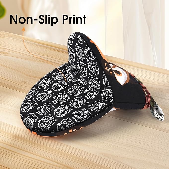 Mini Oven Mitts Cute,Silicone Oven Mitts Heat Resistant 500℉ with Non-Slip Grip and Soft Quilted Cotton Lining for Kitchen Cooking and Baking. Machine Washable-Owls Black