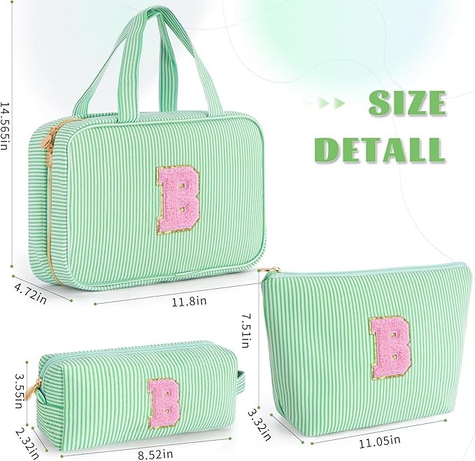 Fystdtote 3 Travel Toiletry Makeup Bags for Women - Cute Makeup Bag Organizer Make Up Bag Travel Essentials Personalized Gifts Friend Gifts for Teenager Bridesmaids - Green B