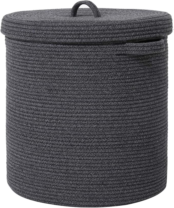 16" x 16" x 18" Extra Large Storage Basket with Lid, Cotton Rope Storage Baskets, Laundry Hamper, Cloth Bin, for Clothes Towels Blankets Pillows Storage in Living Room, All Black Grey Mix Basket