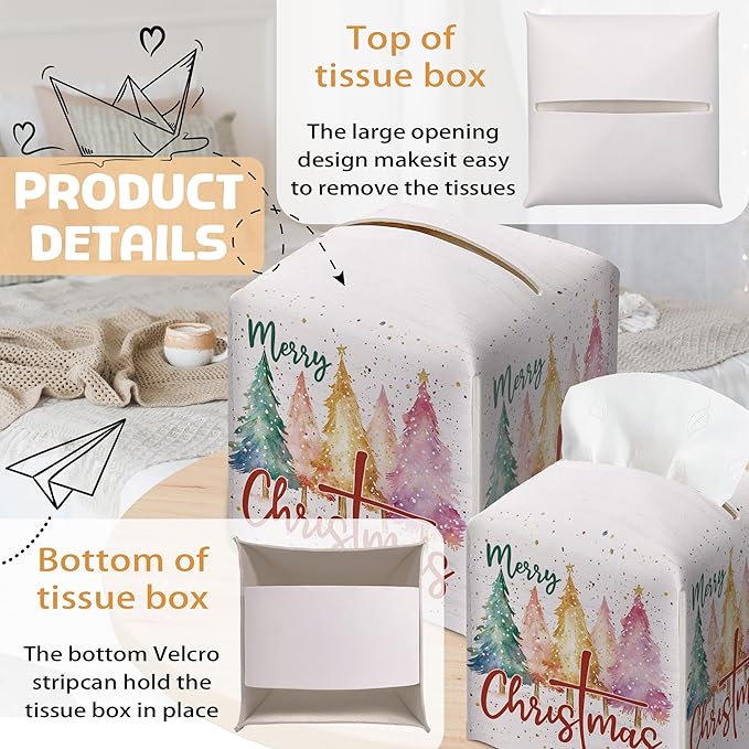 Merry Christmas Tissue Box Holder, Colorful Christmas Tree Leather Tissue Box Cover Square, Paper Facial Decorative Tissues Cover for Night Stands Bathroom Kitchen Office Home Decor-B14