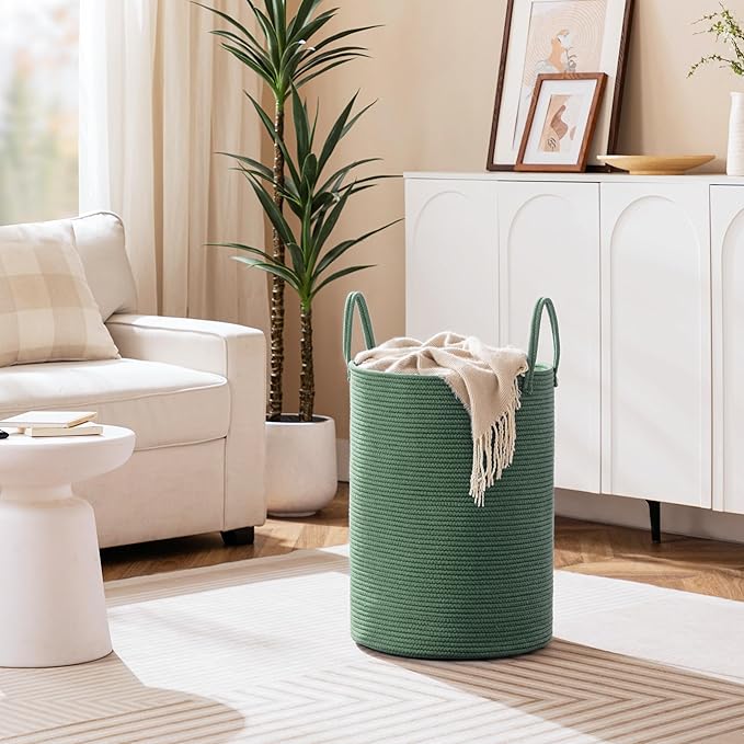 Laundry Basket, 52L Woven Laundry Hamper, Baby Nursery Hamper for Toys, Blanket Basket for Living Room, Clothes Hamper for Bedroom&Baby Room, Green