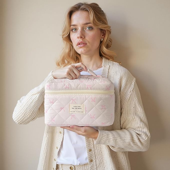 HBselect Christmas Gifts Large Quilted Makeup Bag, Cute Cotton Travel Makeup Bag with Handle, Portable Coquette Floral Make up Bags, Toiletry Organizer Make up Bags for Women Teen Girls Mom