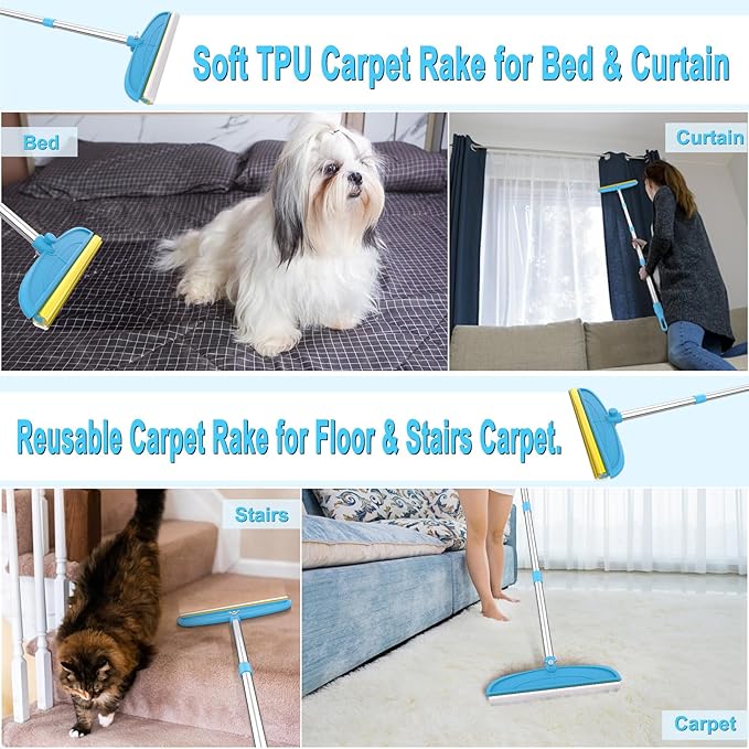 WOSWOK Carpet Rake for Dog Hair Remover: 2 in 1 Reusable Pet Hair Remover – 60‘’ Adjustable Long Handle Carpet Removal Tool for Dog Cat Human Hair – Carpet Scrape Cleaning for Rug Couch Bed