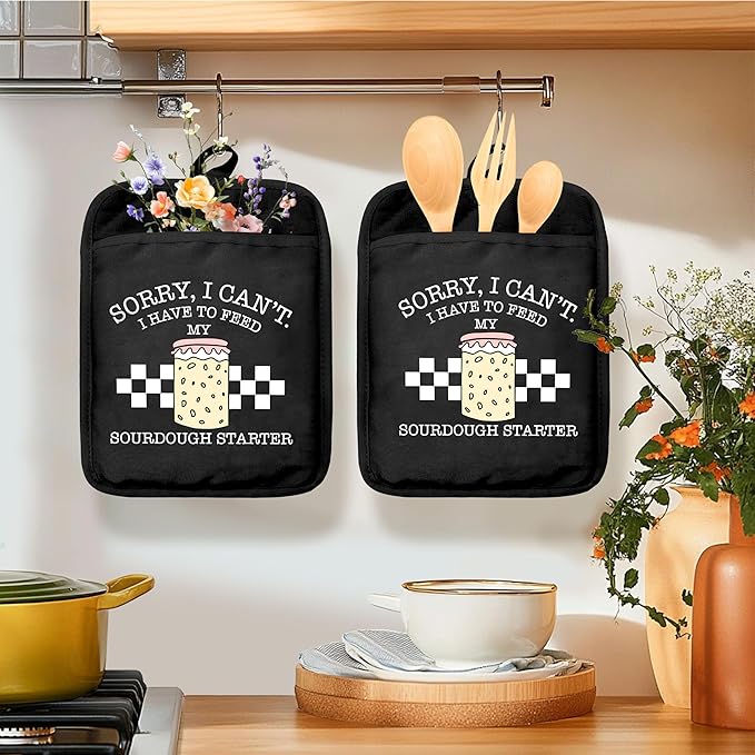 Funny Oven Mitts Set, Funny Baking Gifts for Women, Sorry I Can't I Have to Feed My Sourdough Starter Heat Resistant Kitchen Oven Gloves for Baking and Cooking,Pot Holders
