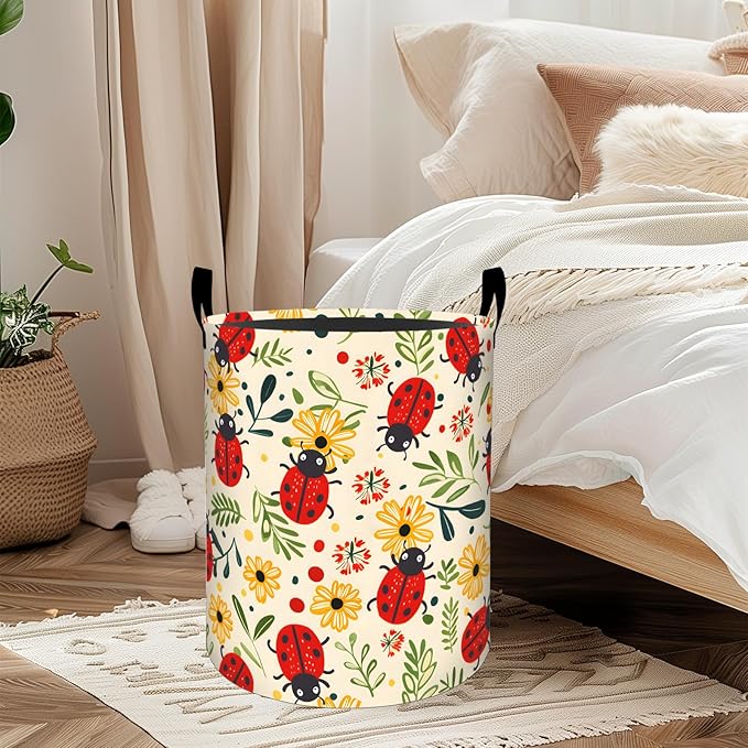 ainori Cute Ladybug Laundry Basket, Oxford Cloth Cartoon Whimsical Dirty Clothes Collapsible Hamper for Room Decor, Floral Insect Print Gifts Toy Organizer 19.7 * 15.8 Inch for Bedroom Bathroom Dorm