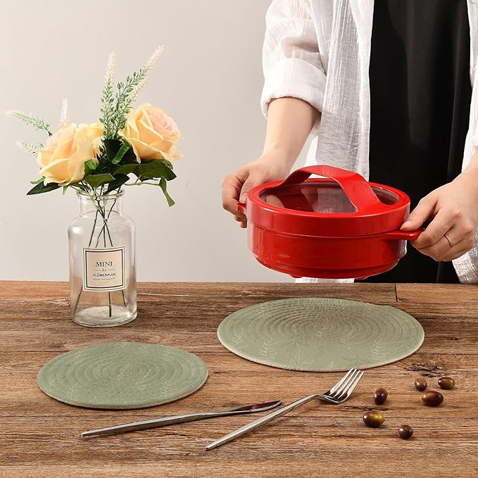Boccsty Botanical Floral Leaves Trivet Mat 2PCS Simple Flowers Sage Green Round Woven Potholders Kitchen Table Countertop Protector Hot Pads Farmhouse Coasters Counter Mats for Cooking Baking