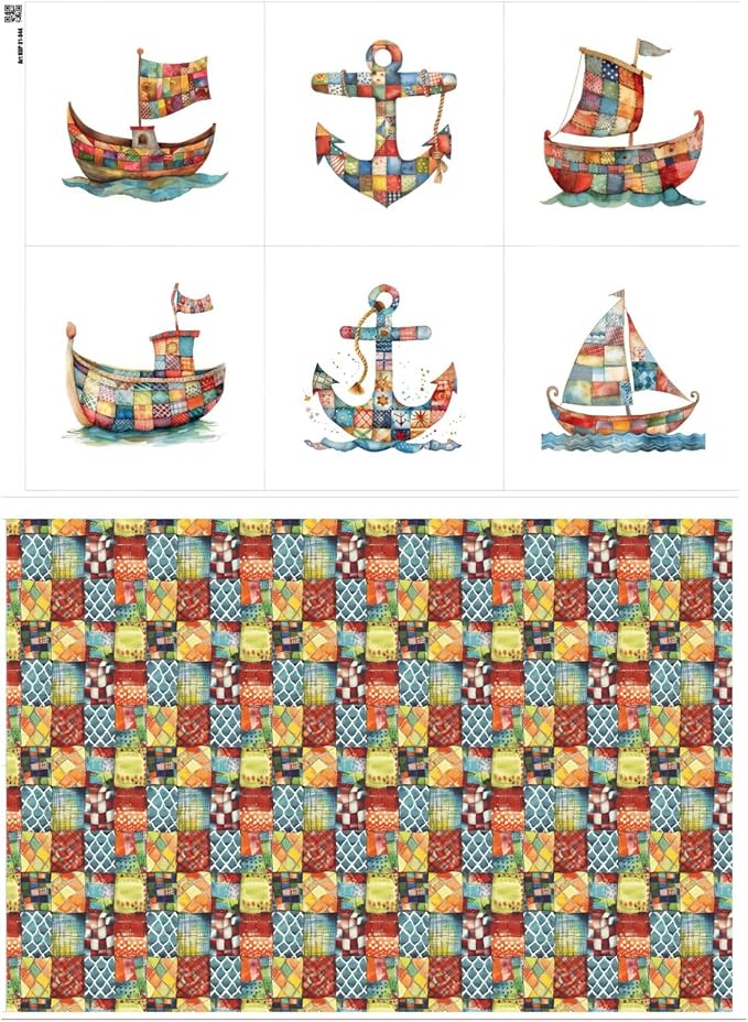Patchwork Boat Cotton Fabric Panel – Six 10×10 inch Designs + Bonus 29.5×19.6 inch Patchwork Sheet, 100% Turkish Cotton 140 GSM