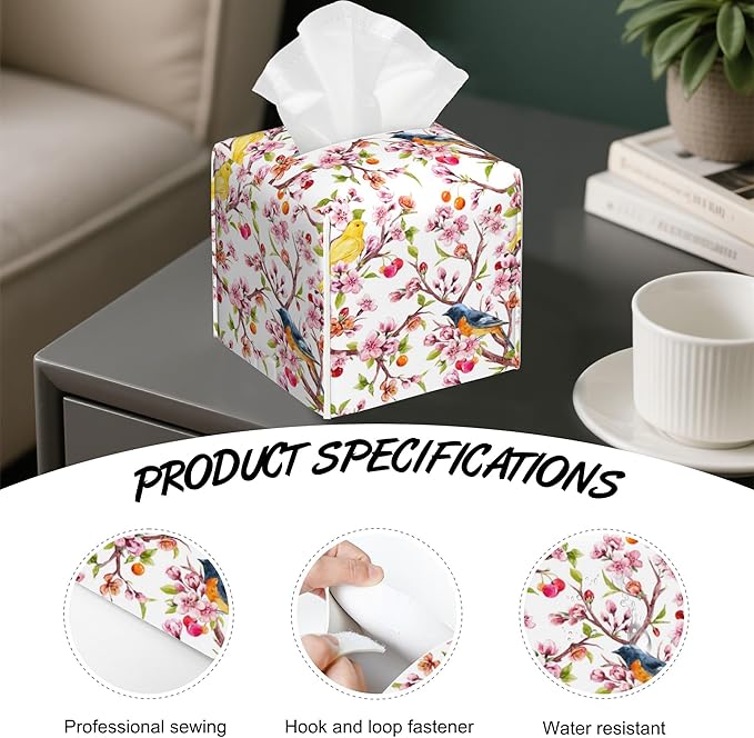Cherry Blossoms Tissue Box Holder,Watercolor Bird Cube Tissue Box Cover Holder,Leather Facial Paper Organizer Dispenser Home for Bedroom Night Stands,Kitchen,Office and Car,5.2"×5.2"×5.2"