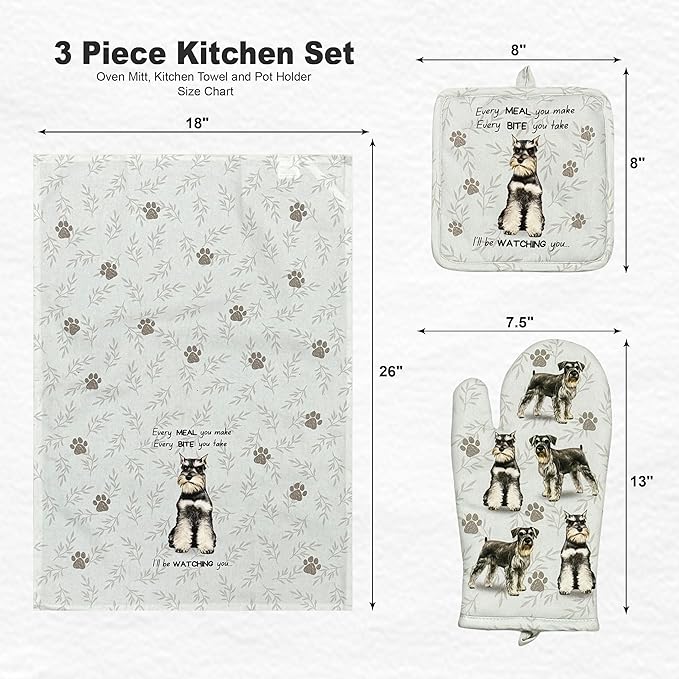 Schnauzer 3-Piece Kitchen Set - Oven Mitt, Pot Holder & Kitchen Towel Set, Heat Resistant up to 420 F, Soft Quilted Cotton for Cooking, Baking, BBQ, Pet Lover Gifts (Schnauzer)