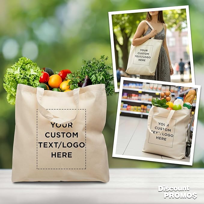 DISCOUNT PROMOS Custom Cotton Tote Bags (Set of 100) - Personalized, Reusable & Eco-Friendly - Perfect for Grocery, Promotions, Branding - Natural Color, 14.5"X16.75", 4 OZ Cotton