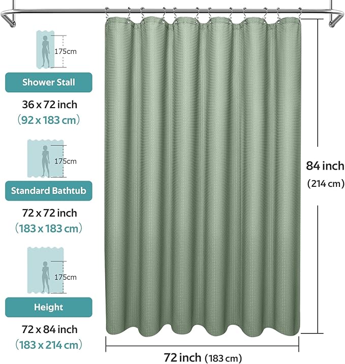 Vipfree 3 in 1 Shower Curtain Set, Waffle Shower Curtain and Liner Set with 12 Double Sided Shower Curtain Hooks, 258GSM Luxury Weighted Cloth Shower Curtains for Bathroom, 72 W x 84 H, Sage Green