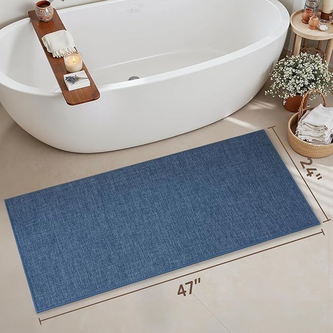 MontVoo Bathroom Runner Rug-Ultra Thin Non Slip Bath Mat Runner for Bathroom Mat Quick Dry, Rubber Backing Washable Runner Bathroom Rugs Fit Under Door, Absorbent Bath Rug,24"x47",Blue