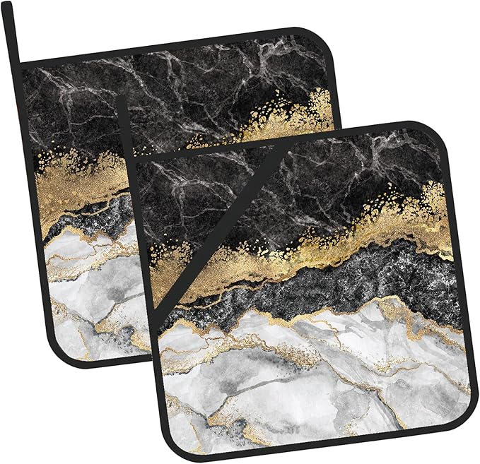 White Black Gold Marble Pot Holders Set of 2 Kitchen Heat Resistant Potholder for Microwave Cooking Baking Oven End Dishes and BBQ