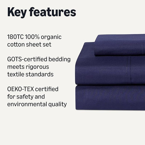 Amazon Basics Organic Cotton Sheet Set with 1-Piece Pillowcase, Navy Blue, Twin
