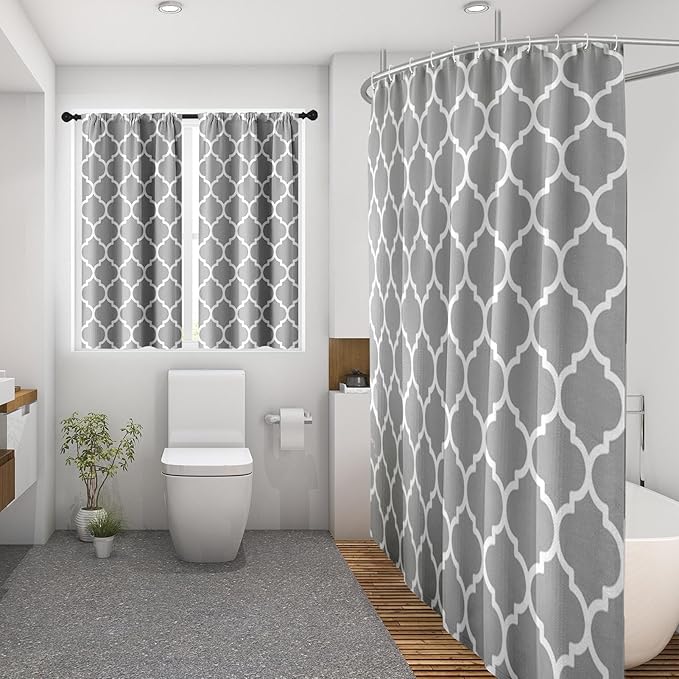 Culudea Gray Plaid Quatrefoil Moroccan Waffle Textured Cloth Shower Curtain Set, Grey Checkered Four Leaf Clover Grid Bathroom Window Waterproof Shower Curtains for Bathroom Decor