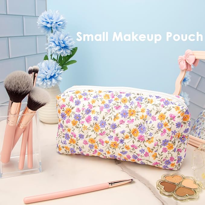 PAZIMIIK 2PCS SET Vintage Quilted Makeup Bag Cosmetic Pouch for Brushes Pencils and Travel Make Up Accessories for Women and Girls,Little flower