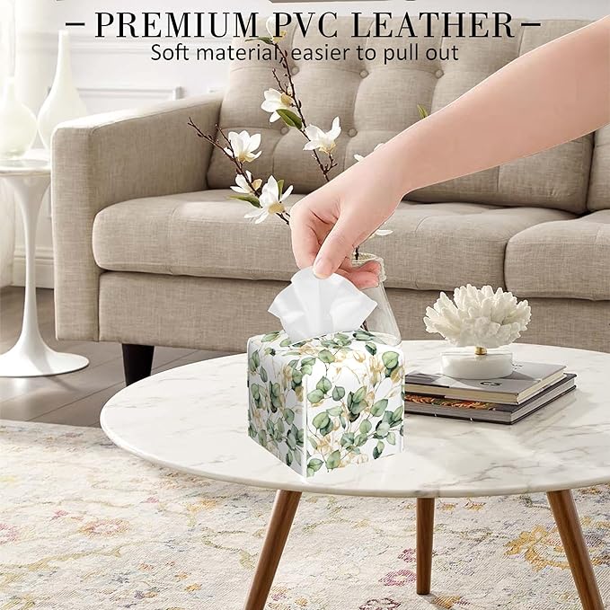 POIUBLE Leather Tissue Box Holder Gold and Green Eucalyptus Leaf Tissue Box Cover Square Waterproof Tissue Holder Organizer Modern Napkin Holder for Bedroom Dresser Night Stand Office Desk