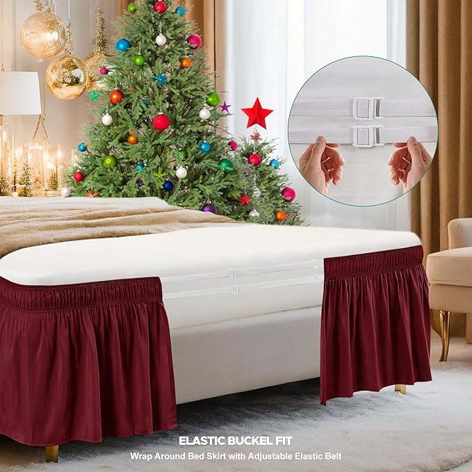 Biscaynebay Wrap Around Bed Skirts for King & Cal King Beds 17" Long Drop, Burgundy Adjustable Elastic Dust Ruffles Easy Fit Wrinkle & Fade Resistant Silky Luxurious Fabric Solid Machine Washable