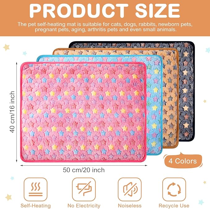Clysee 4 Pack Self Heating Cat Bed Cat Self Warming Pad with Removable Cover Extra Warm Thermal Pet Pad Washable Pet Crate Mat Anti Slip Kennel for Indoor Outdoor Pets (Small Star,16 x 20 Inches)