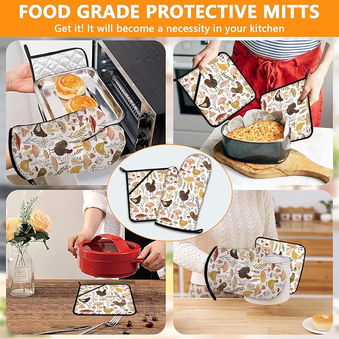Rooster Oven Mitts and Pot Holders Sets 4Pcs,Extra Long Oven Gloves Potholder for Kitchen Cooking Baking BBQ 100% Cotton Heat Resistant