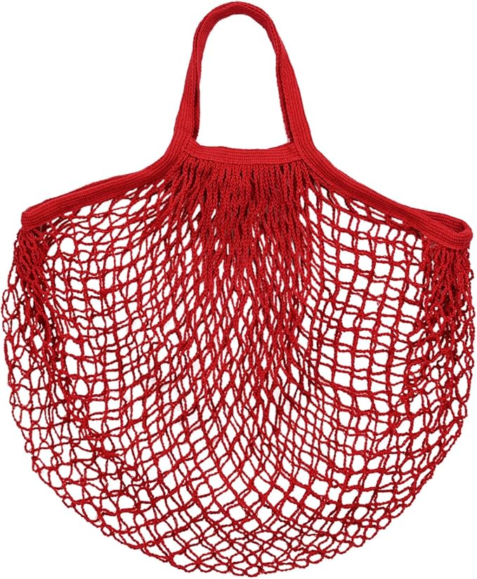 M METERXITY 1-Pack Cotton Mesh Bag, Reusable Washable Mesh Net String Grocery Bags, Reusable Produce Bags with Handle, Net Tote Bag for Fruits/Vegetables Shopping [Red, Short Handle]