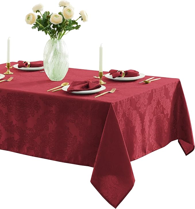 Newbridge Barcelona Damask Fabric Tablecloth, 60 x 120 Inch Rectangle, Burgundy – No Iron, Soil Resistant Table Cover for Dining, Parties and Holidays