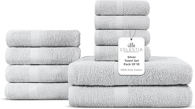 Villa Celestia 100% Cotton Bath Towel Set of 10-2 Bath Towels, 4 Hand Towels, 4 Wash Cloths, Sustainable, Soft, Highly Absorbent, Combed Cotton 10 Piece Set for Hotels, Spa, Bathroom, Dorm, Silver