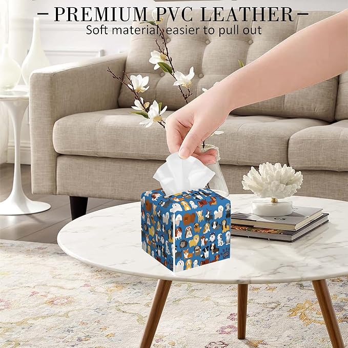 POIUBLE Tissue Box Holder Cute Dogs Tissue Box Cover Square Leather Tissue Holder Organizer Portable Decorative Facial Paper Case for Home Office Bathroom Vanity Countertop