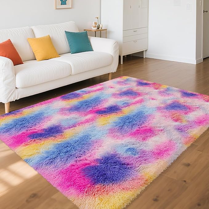 Rainbow Area Rugs 4x6 ft,Tie-Dyed Unicorn Fluffy Fuzzy Shaggy Carpet Soft Plush Furry Rug,for Bedroom Living Room Indoor Floor Rug Kids Girls Boys Home Decor Aesthetic, Dorm Nursery