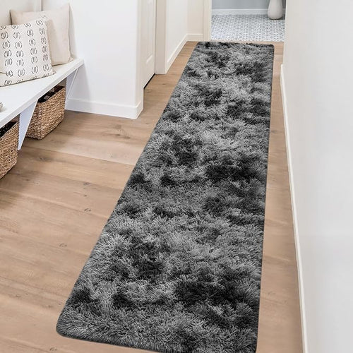 2x8 ft Plush High Pile Black Tie-Dyed Rug Fluffy Soft Runner Bedside Rug for Bedroom Living Room Hallway Nursery Kids Home Decor Shag Carpet
