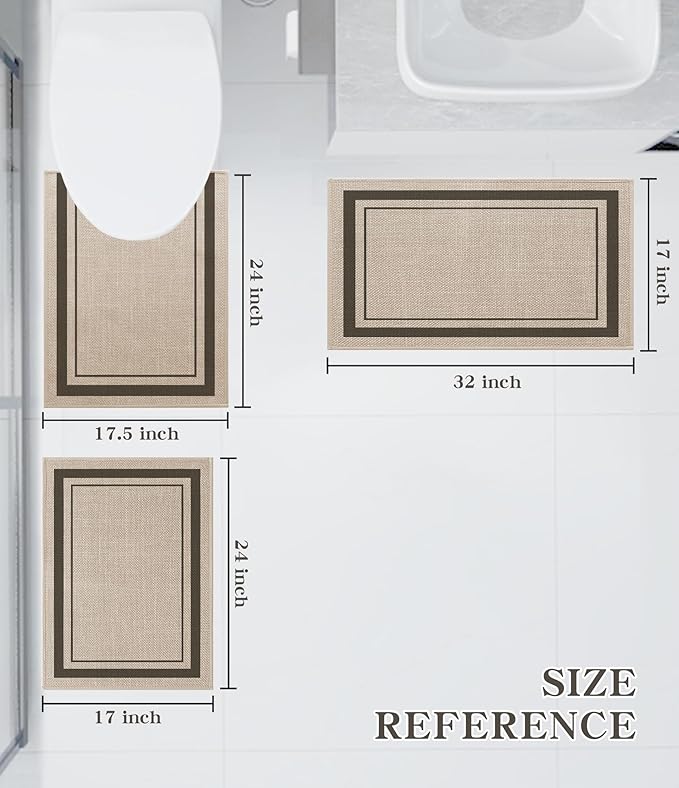 chakme Bathroom Rug Sets 3 Piece, Ultra Thin Bath Mat Absorbent, Non Slip, Machine Washable, Light Beige, 17" x 24" / 17" x 30" / 17" x 59