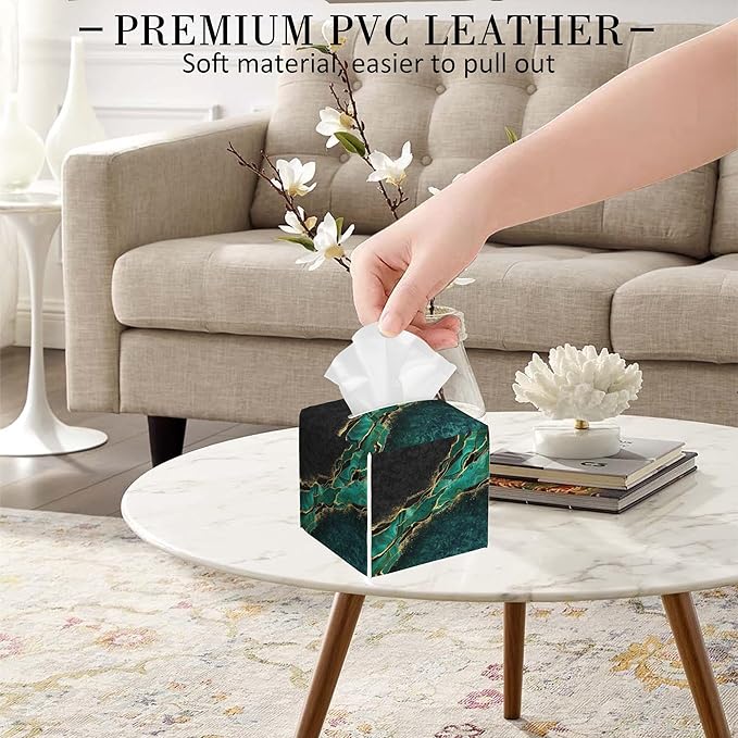 POIUBLE Green and Gold Marble Tissue Box Cover Leather Tissue Box Holder Square Facial Paper Organizer Dispenser for Bathroom Kitchen Bedroom Vanity Countertop Night Stands