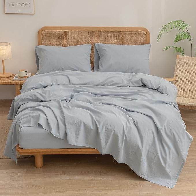 BESTOUCH Sheet Set 100% Washed Cotton Linen Feel Super Soft Comfortable Chic Lightweight 4 Pcs Home Bedding Set Solid Cornflower Blue Queen