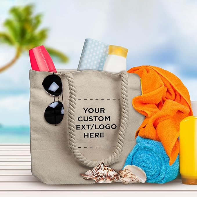DISCOUNT PROMOS Custom Pristine Cove Canvas Tote with Rope Handles (Set of 10), Personalized Bulk Pack - Beach, Travel, Eco-Friendly - Natural Color, 14.75"X13.5", 12 OZ Cotton, with Zipper